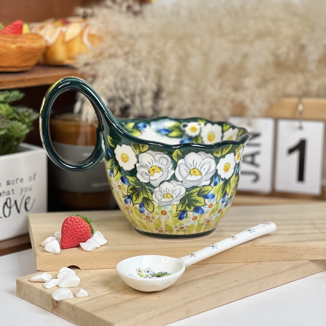 Sazaki浅茉 曲把杯家用大容量早餐杯波兰彩陶瓷手绘釉下彩高颜值