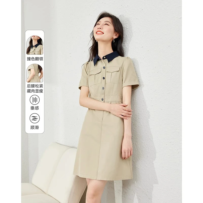 工装风连衣裙女短袖2025夏新款设计感休闲收腰a字裙气质
