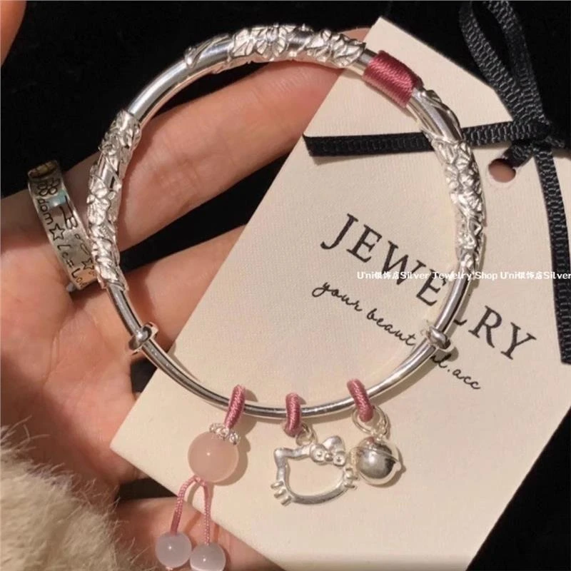 镯子女S999手镯情人节足银女朋友手镯520礼物送Kitty猫繁花纯银