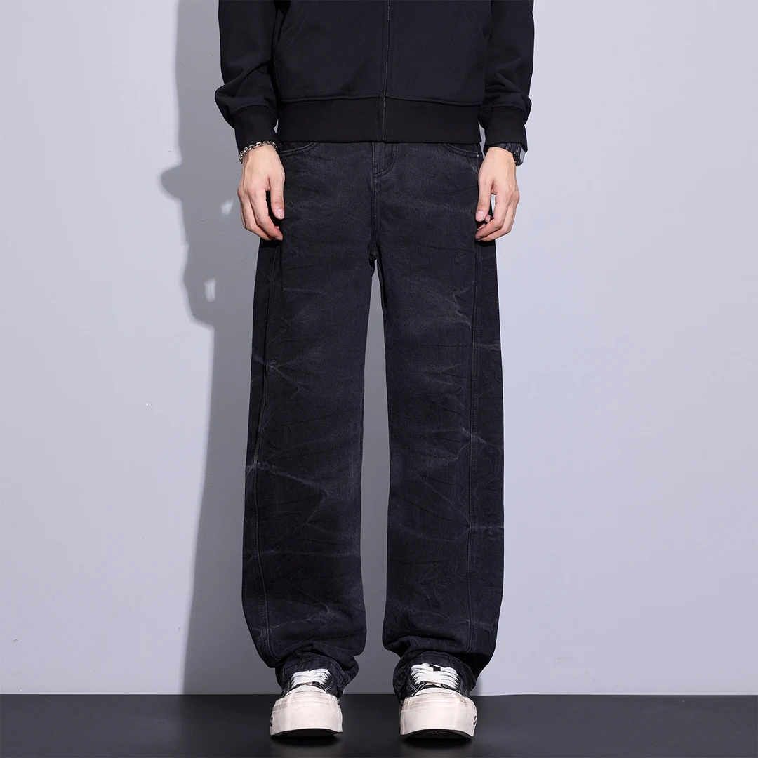 Kuvine男士水洗扎花牛仔裤男款秋季新款美式复古直筒宽松弯刀裤子