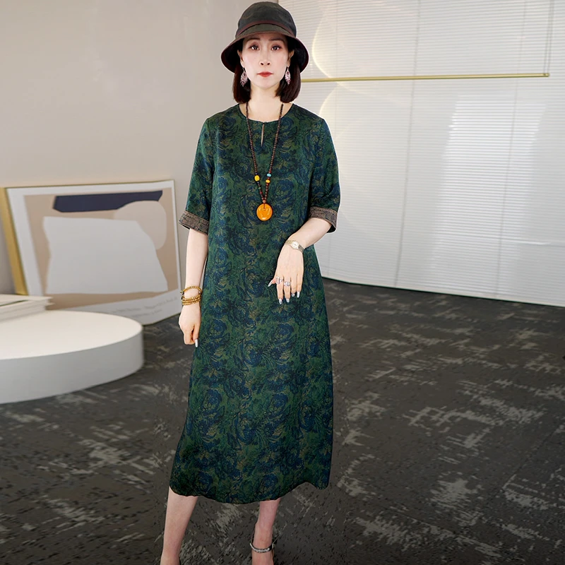 2025夏季时尚浪漫大牌杭州香云纱真丝连衣裙女气质妈妈桑蚕丝裙子