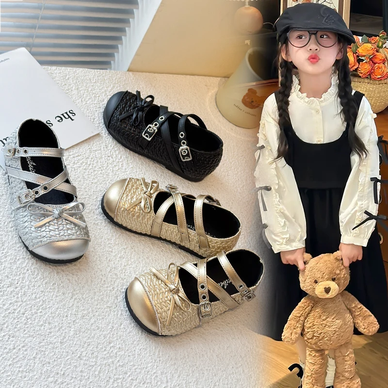 2025年秋季新款童鞋小女孩甜美蝴蝶结公主鞋韩版时尚潮款女童皮鞋