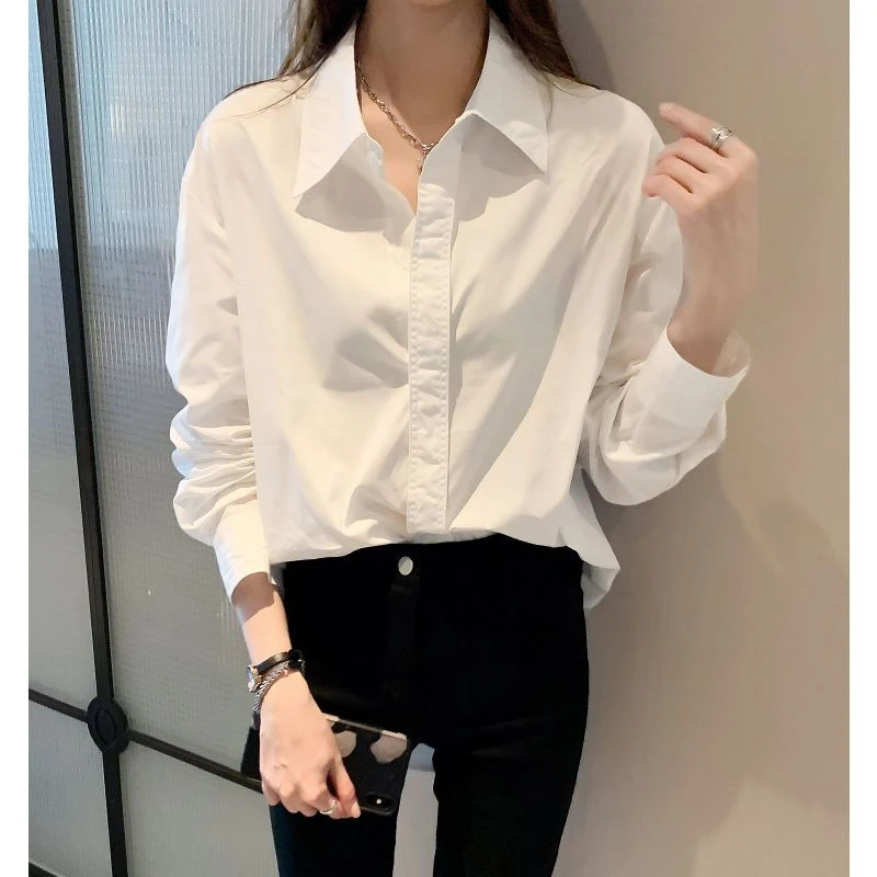 100%纯棉白衬衫春秋长袖设计感宽松显瘦女百搭白色衬衣气质上衣