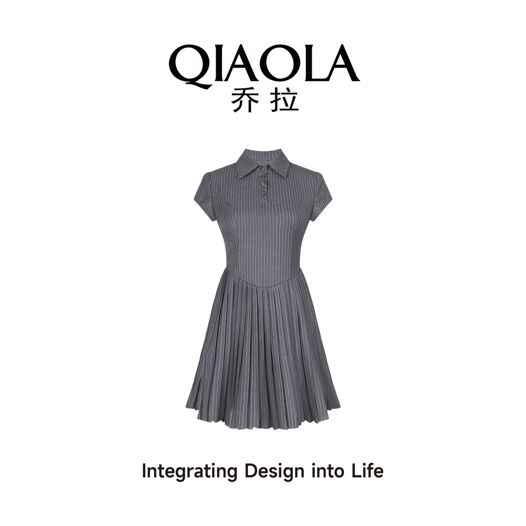 QIAOLA/乔拉【时光图书馆】条纹梭织百褶收腰气质显瘦连衣裙