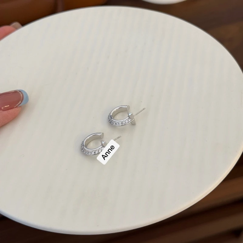 铜合金耳饰 半镶锆弯T耳钉【R417】