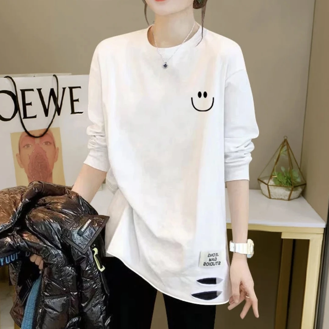 破洞长款t恤女遮臀搭鲨鱼裤打底衫秋冬款中长款白色t恤上衣女