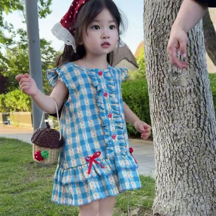 韩系童装女童连衣裙夏天2025新款宝宝儿童小飞袖蓝色格子甜美裙子