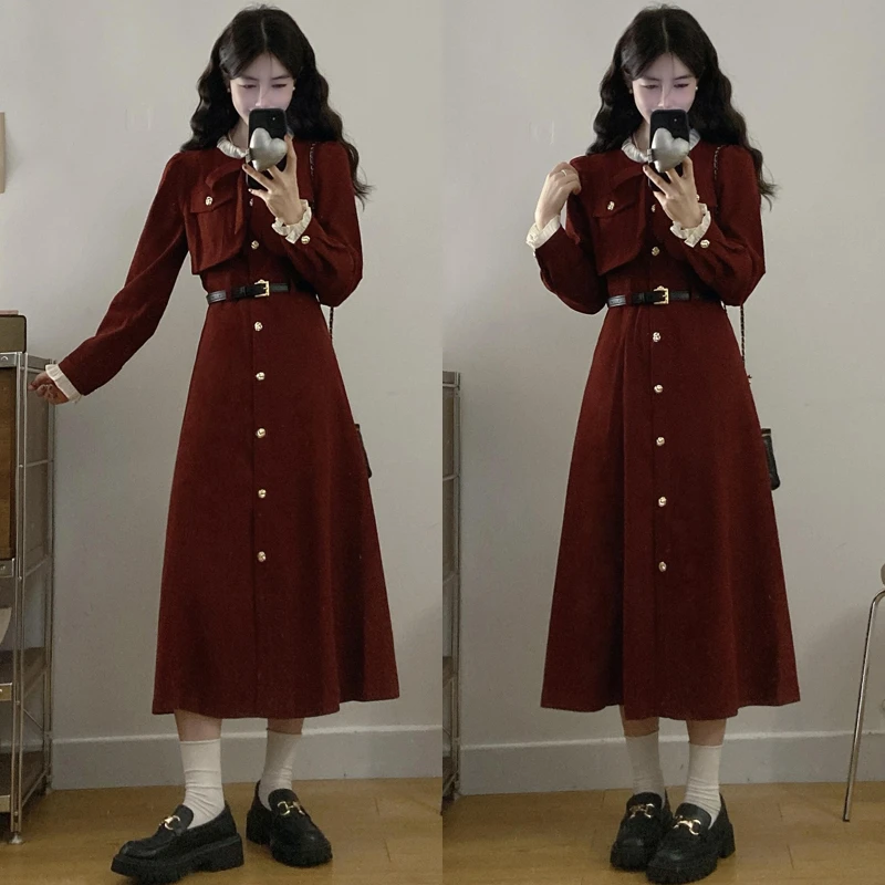 大码胖mm秋冬新款法式温柔风长裙结婚订婚回门红色打底连衣裙女