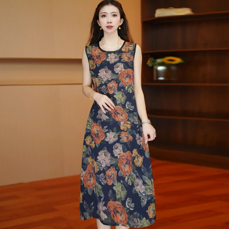 墨衣锦花背心裙  夏季时尚减龄连衣裙百搭短袖裙子
