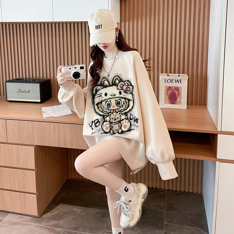 不规则侧拉链卡通卫衣女秋冬韩版中长款减龄洋气网红宽松加绒上衣