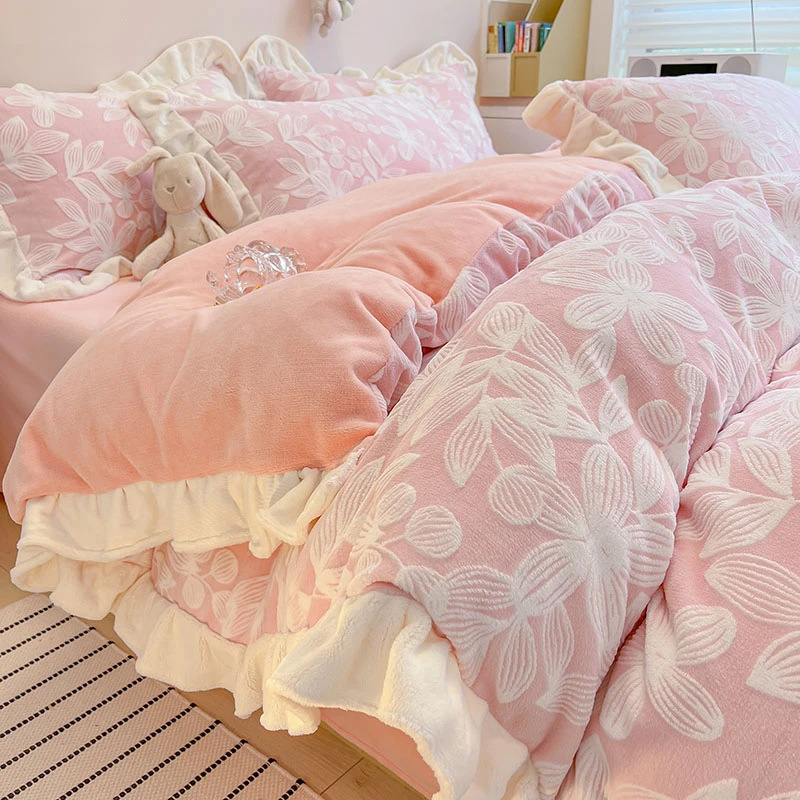 ins公主风牛奶绒床上四件套冬季珊瑚绒被套双面法兰加绒床单床品4
