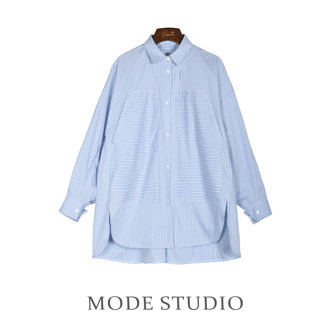 MODE【大口袋】航海蓝白条纹衬衫