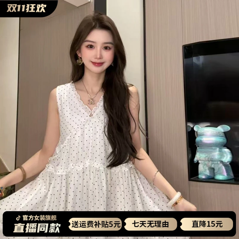 无袖波点连衣裙子女夏季新款小个子海边度假风绝美巨好看小众短裙