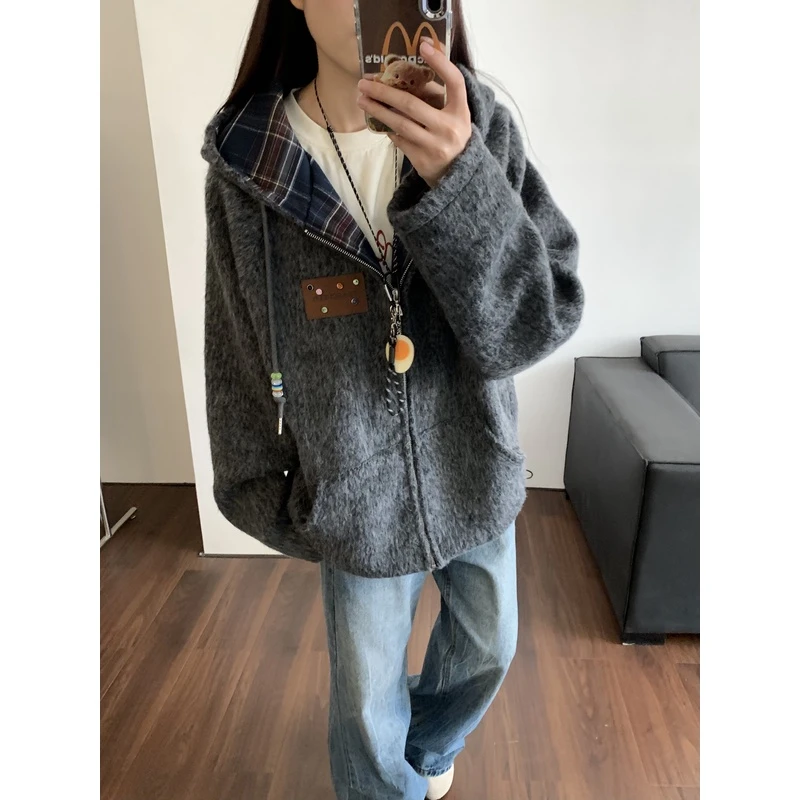 AMER 国潮秋季简约拉毛连帽格子毛呢连帽男女百搭外套