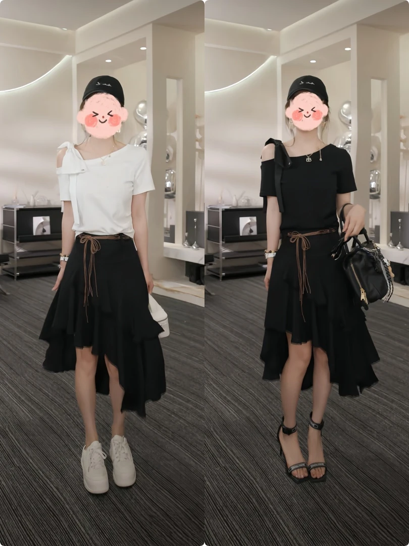 洋气女装露肩蝴蝶结短袖t恤上衣+不规则半裙两件套夏季休闲气质夏