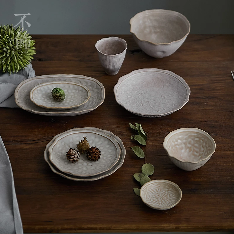 高温烧手捏粗陶碗盘碟 复古不规则小碗碟小菜盘