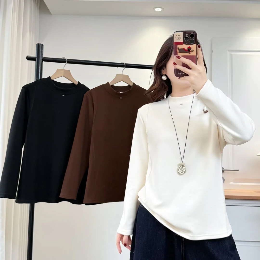 大码胖mm秋冬正肩显瘦打底衫女半高领显瘦遮肚子T恤内搭上衣2530