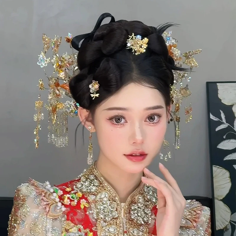 水舞U2138中式香槟金色复古国风新娘龙凤褂减龄气质秀禾婚礼头饰