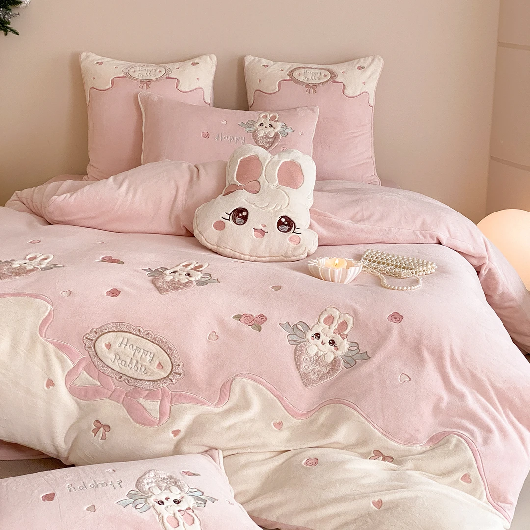 冬季加厚保暖牛奶绒四件套可爱少女珊瑚绒法兰绒被套床单床上用品