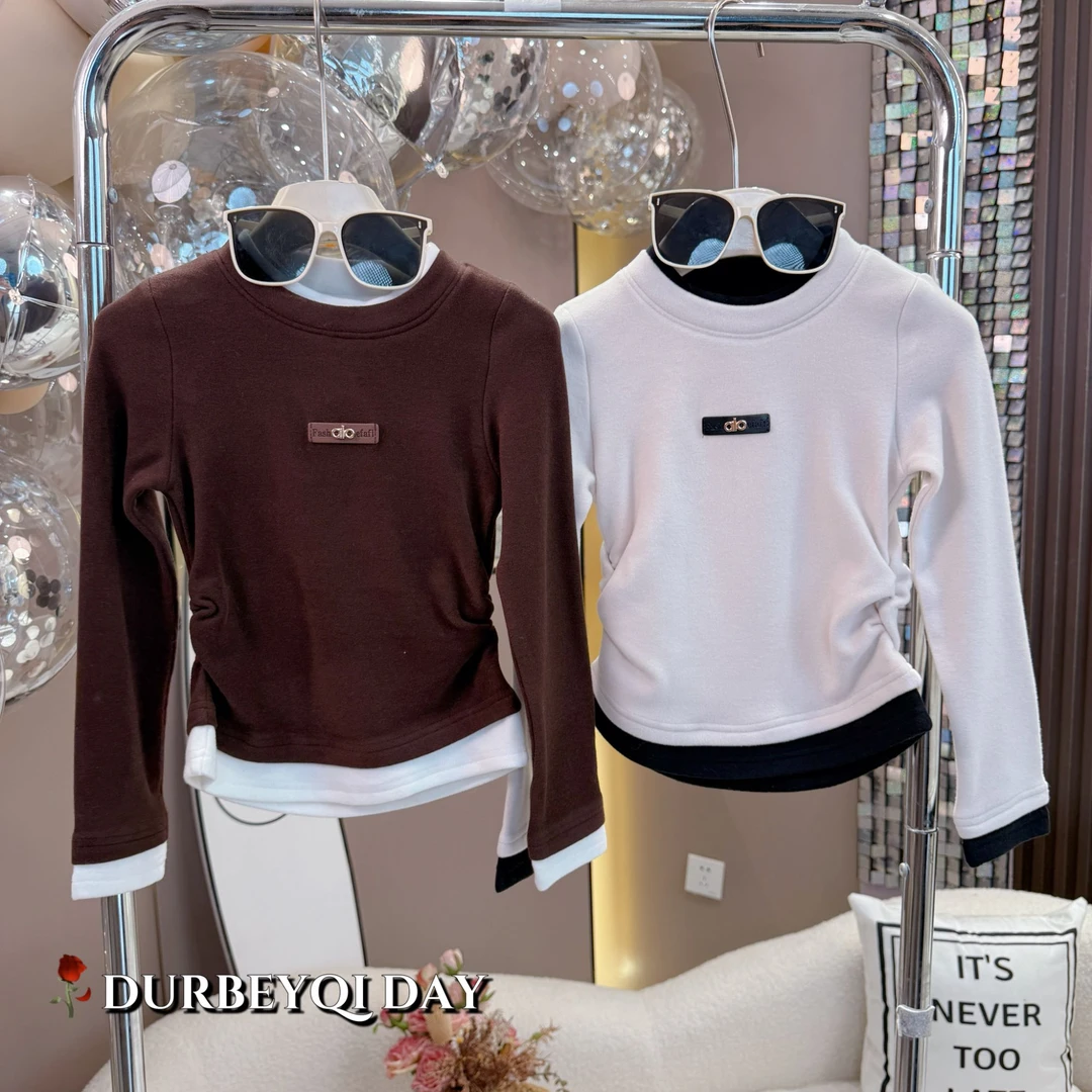 DURBEYQI/朵贝奇女童2025秋季新款百搭假两件圆领纯色打底衫5684