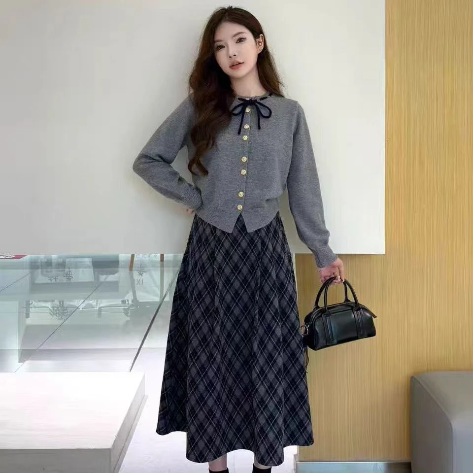 2025早秋新款针织百搭格子长袖系带毛衣开衫上衣外套女韩系学院风