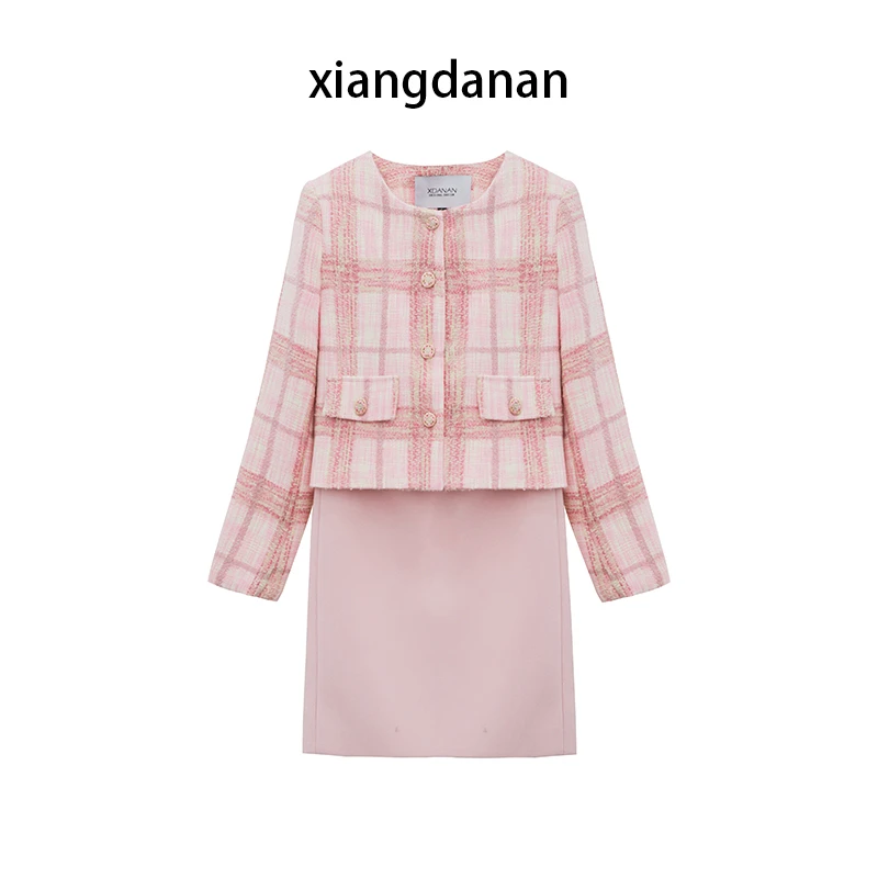 【现货】xiangdanan 厚款格子秋冬常规圆领套装女装千鸟格/3204
