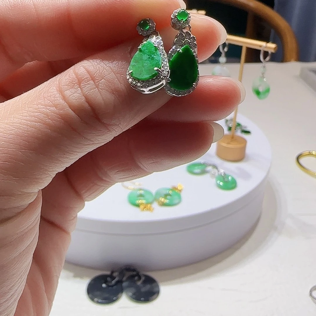 翡翠耳饰银S925镶嵌天然缅甸a货翡翠