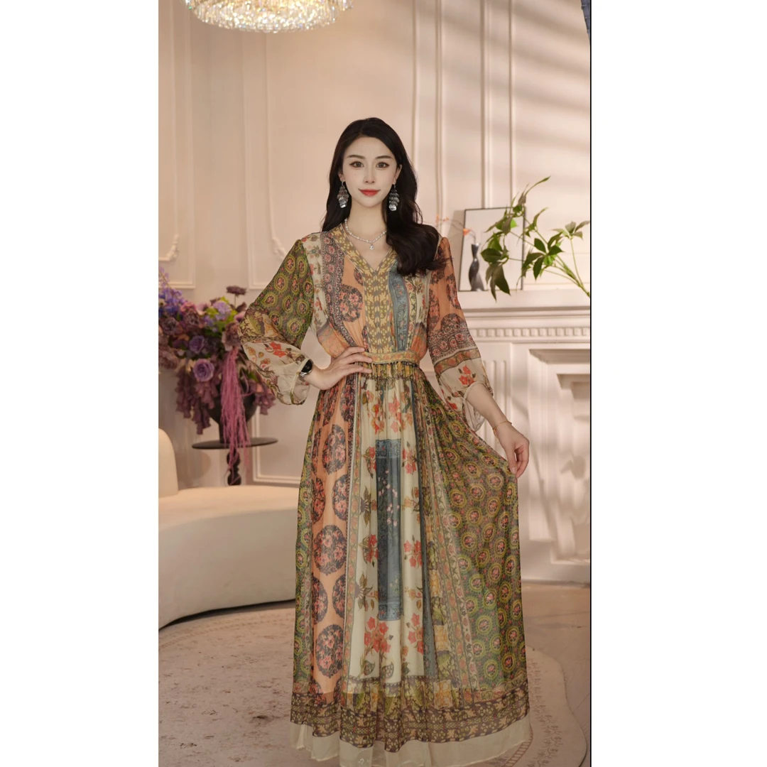 【摩洛哥花影】新26多巴胺色系复古长裙遮肉显白出游高端连衣裙