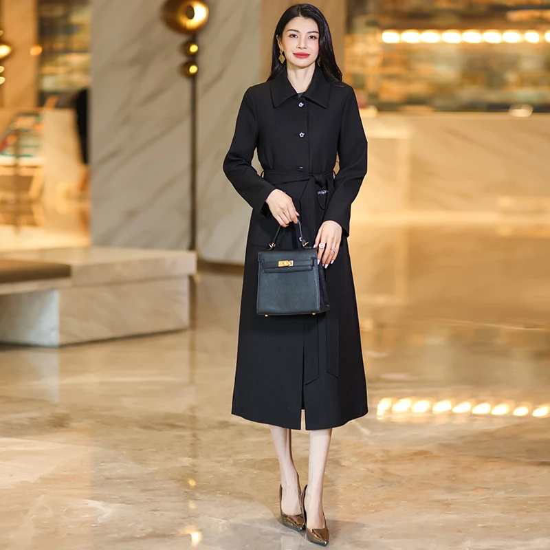 轻奢春秋季翻领长款女风衣女装收腰秋装英伦风黑色赫本风时尚外套