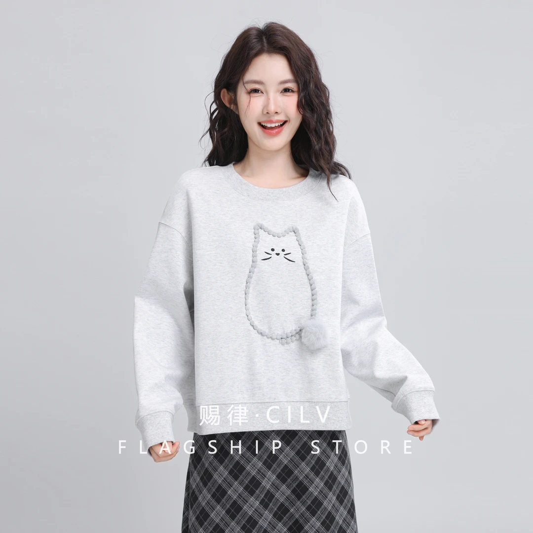 卫衣女新款2025爆款时尚洋气卡通猫咪宽松圆领短款小个子灰色上衣
