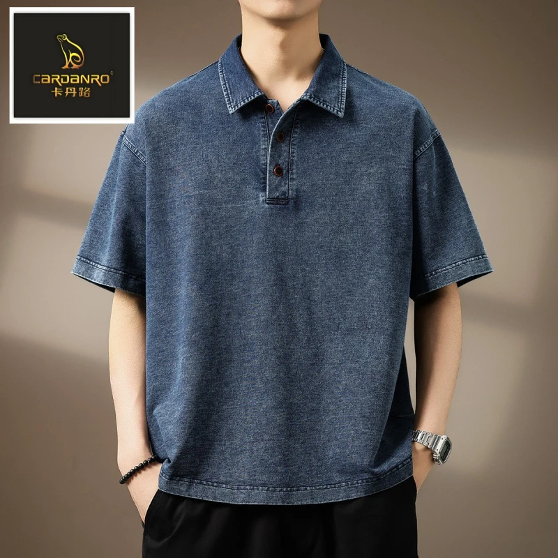 高端美式复古短袖牛仔Polo衫男夏季潮牌宽松大码透气休闲五分T恤