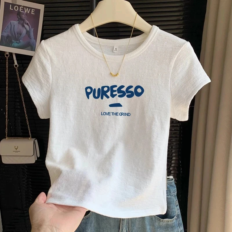 新款休闲洋气设计感印花显瘦百搭短袖t恤女夏装修身圆领上衣ins