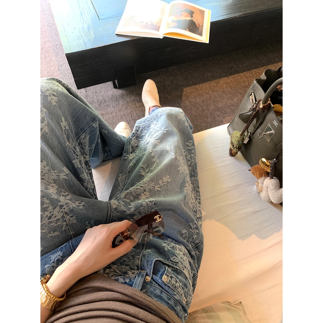 区区欧阳 刺绣牛仔裤女夏季夏季宽松阔腿裤复古直筒长裤拖地裤子