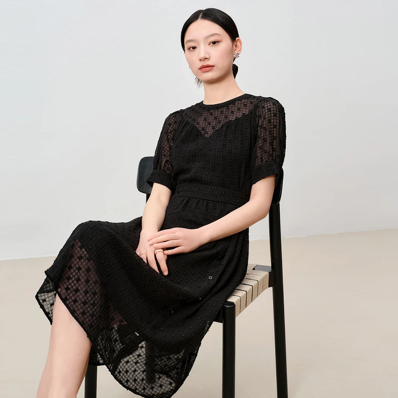 dunnu敦奴赫本风小黑裙提花波点连衣裙8T250981