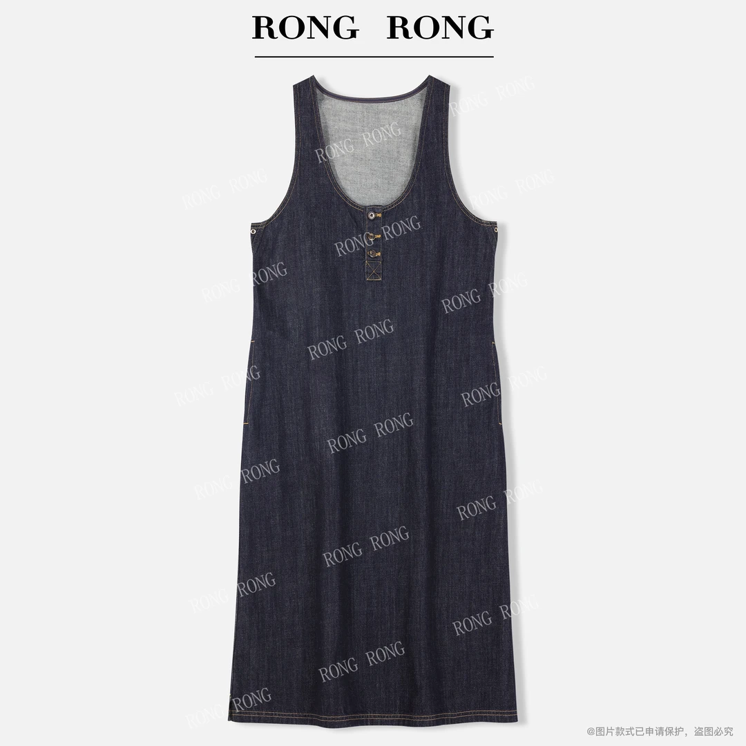 溶溶【蓝慕流年】RONGRONG棉混纺复古做旧感叠穿背带牛仔连衣裙L175