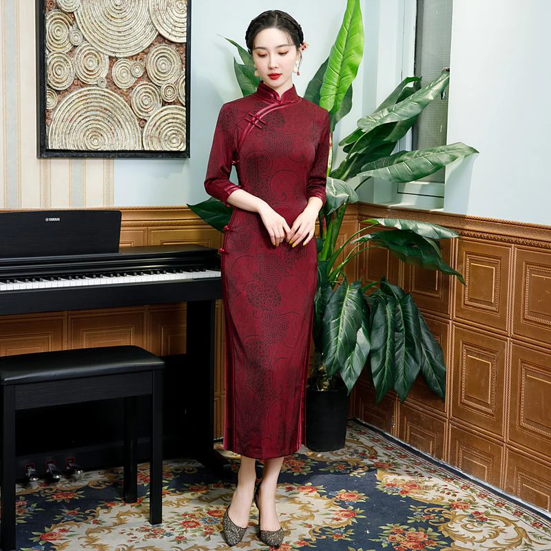 【865】衣长125cm旗袍日常高腰裙高开衩印花低开衩走秀复古春秋气质