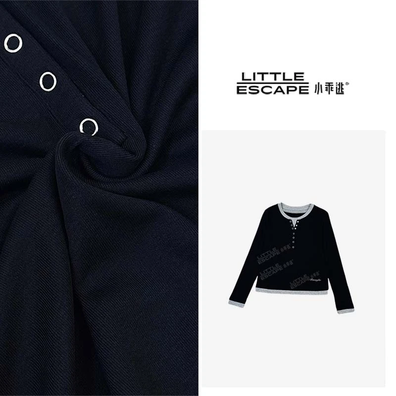 小乖逃休闲时尚假两件灰色领撞黑色T恤长袖半V净色S25563