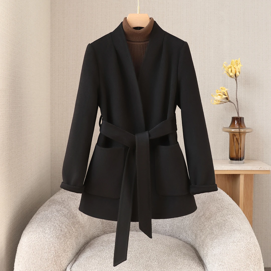 简约时尚法式V领毛呢外套女呢呢子时尚双面系带羊绒大衣气质显瘦