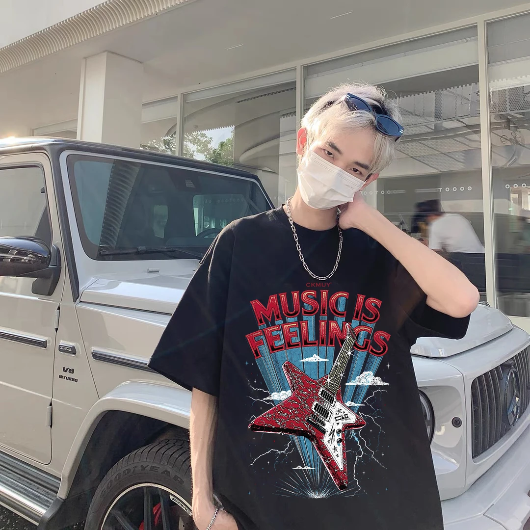 100%重磅纯棉短袖T恤男女同款夏潮流涂鸦吉他宽松男装半袖上衣ZN1