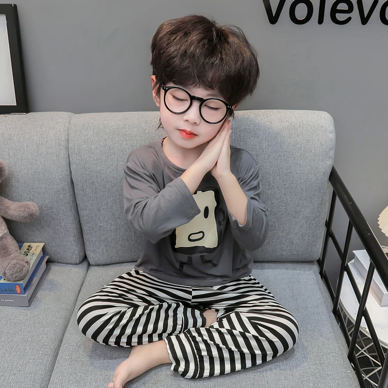 男童莫代尔睡衣春秋儿童长袖薄款分体家居服男宝宝夏季空调服男孩