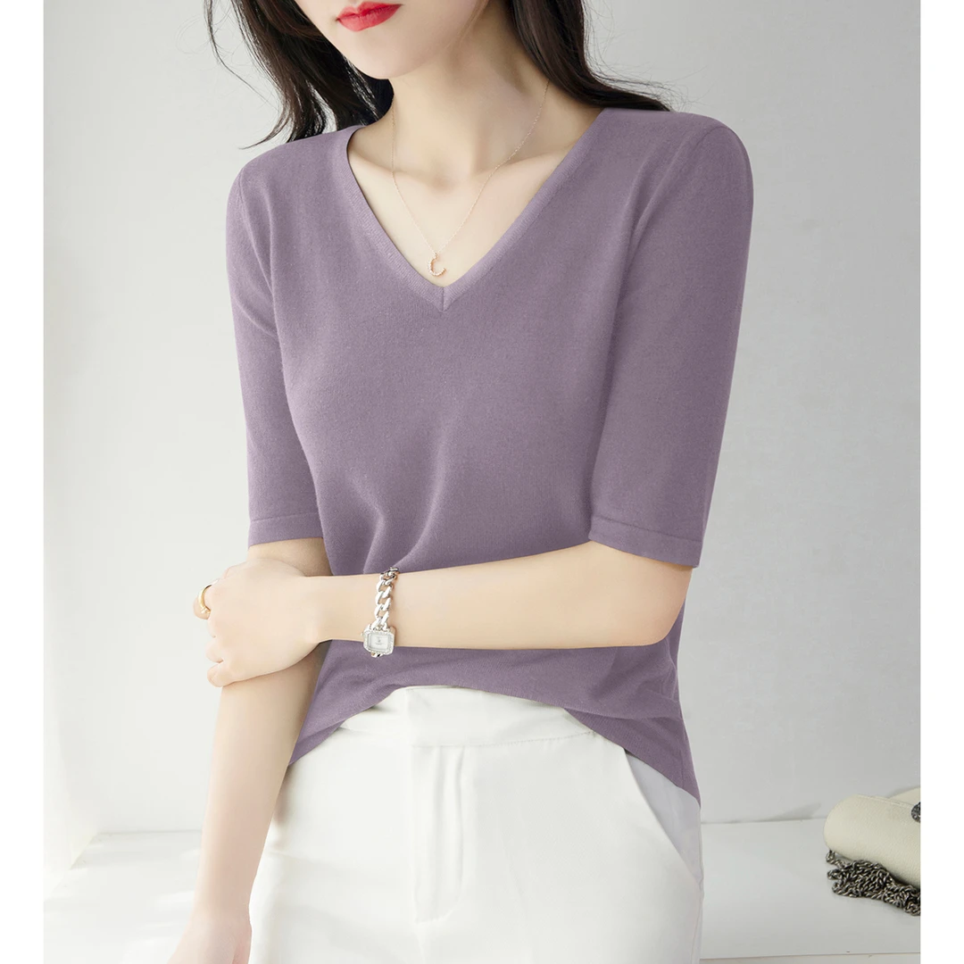 温柔紫色V领设计套头宽松显瘦针织打底衫女装秋季百搭气质T恤上衣