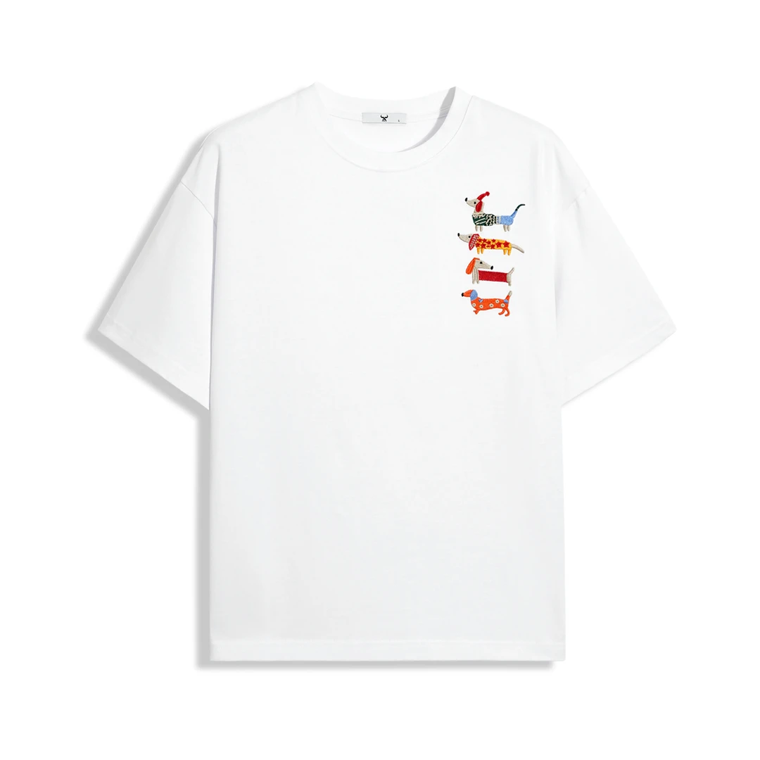 2025夏季新款腊肠狗重工刺绣时尚宽松休闲重磅短袖男女同款