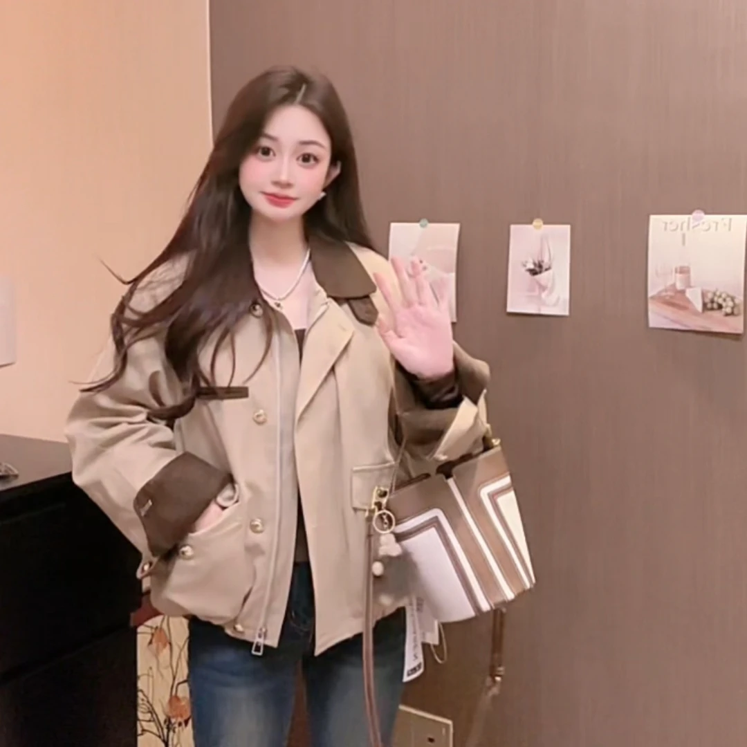 （现）【露丝同款】夹棉款复古撞色翻领风衣夹克外套-9613