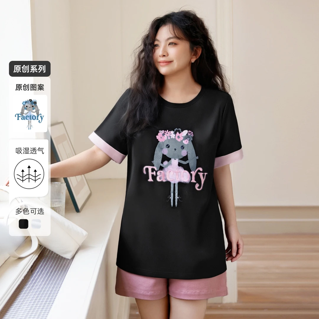 【双面棉原创印花刺绣】MsShe大码女装2025夏装显瘦短袖T恤K2504041