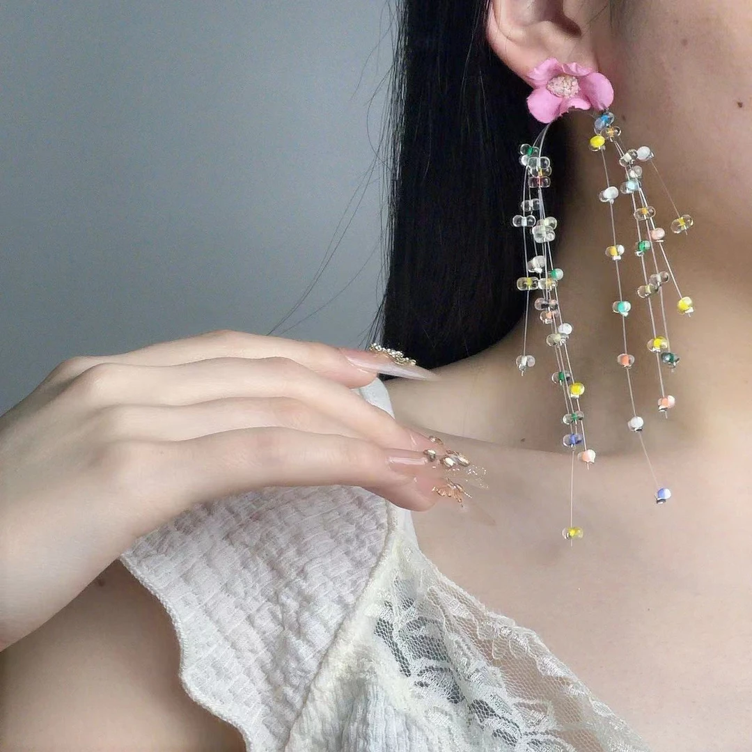 铜合金锆石耳饰 海边度假风花朵流苏耳环甜美仙淑女气质小清新耳