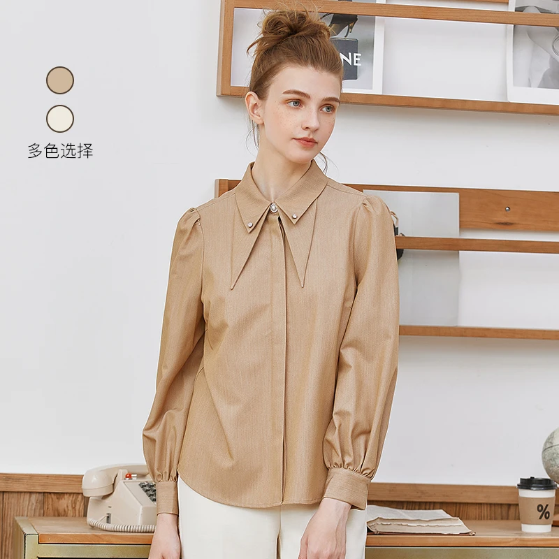 Famecoco设计感长袖双层领衬衣文艺减龄尖领灯笼袖衬衫DAB6BA009