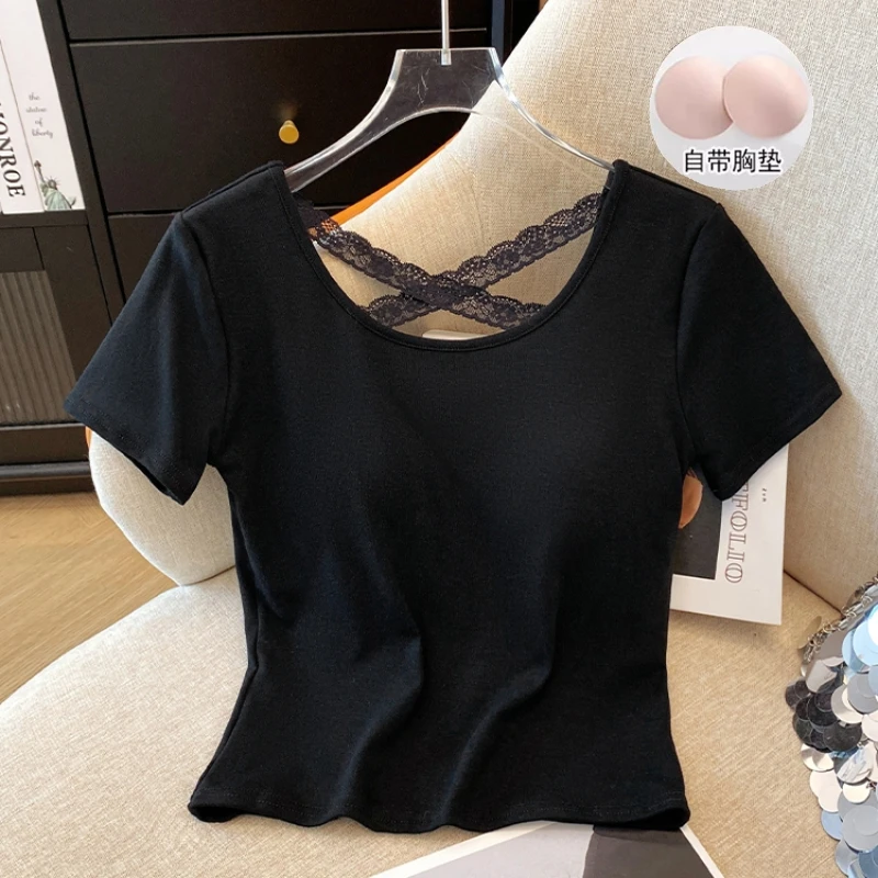 带胸垫露背黑色短袖T恤女夏装2025款设计感小众短款上衣外穿小衫