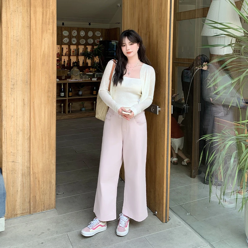 YUZI/鱼子2025夏季粉色牛仔裤九分裤高腰显瘦宽松舒适小个子胖MM