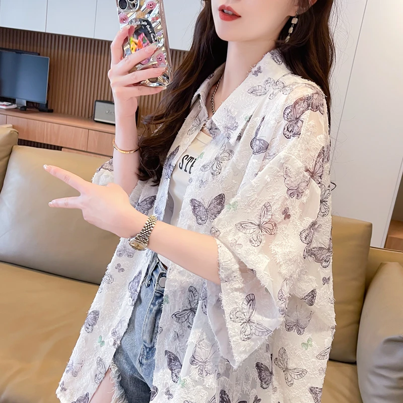 大码胖mm蝴蝶薄款男女短袖衬衫夏季新款韩版宽松百搭慵懒风防晒衣