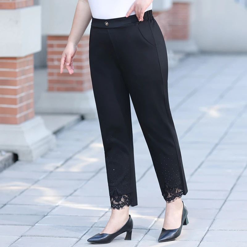 大码弹力九分休闲裤女2025新款胖mm遮肚显瘦高腰烫钻蕾丝边直筒裤